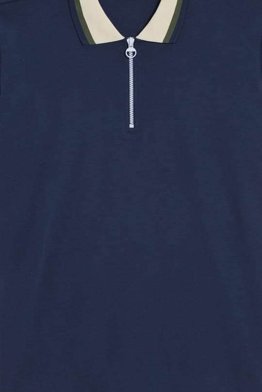 Erkek Slim Fit Dar Kesim %100 Pamuk Kısa Kollu Yarım Fermuarlı Lacivert Polo Yaka Tişört