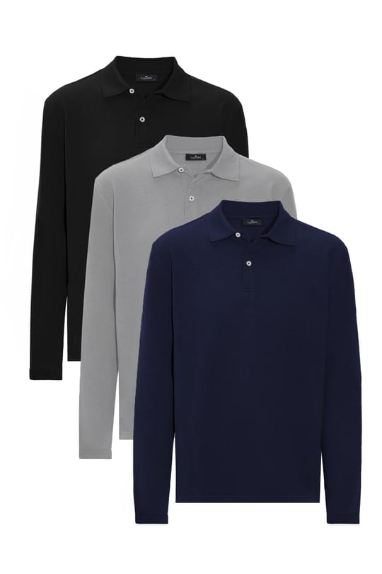 Erkek 3'lü Pkt Lacivert-Gri-Siyah Standart Fit Normal Kesim Pamuklu Pike Uzun Kollu Polo Yaka Tişört