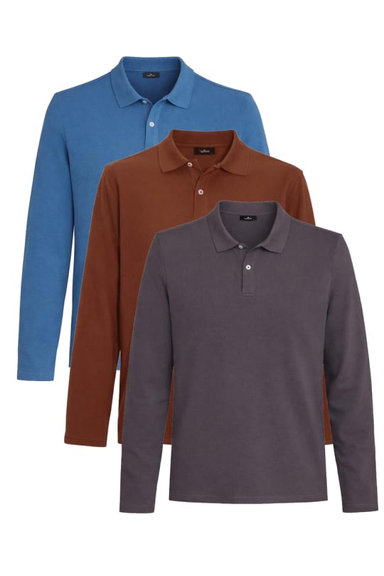 Erkek 3'lü Pkt Füme-Kahverengi-İndigo Standart Fit Normal Kesim Pamuklu Pike Uzun Kollu Polo Yaka Tişört