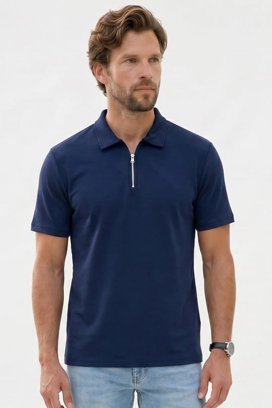 Erkek Slım Fit Dar Kesim Ekstra Soft Modal Kumaş Kısa Kollu Yarım Fermuarlı Lacivert Polo Yaka Tişört
