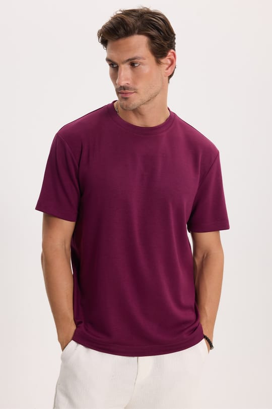 Erkek Regular Fit Rahat Kesim Ekstra Soft Modal Kumaş Bisiklet Yaka Kısa Kollu Bordo Tişört