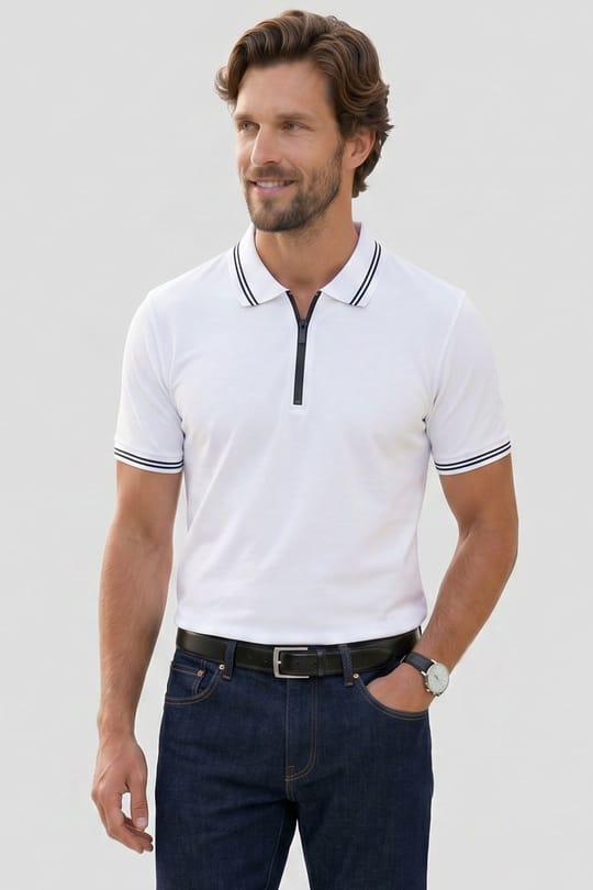 Erkek Slim Fit Dar Kesim %100 Pamuk Kısa Kollu Fermuarlı Beyaz Polo Yaka Tişört