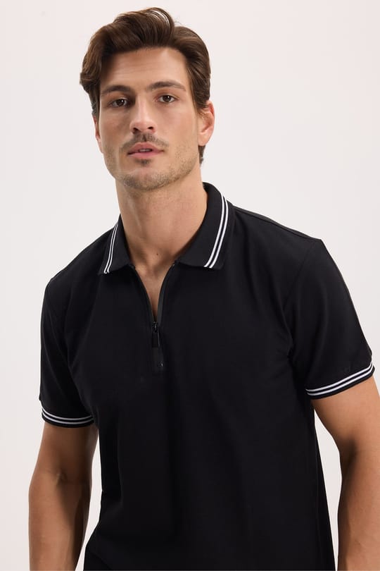 Erkek Slim Fit Dar Kesim %100 Pamuk Kısa Kollu Siyah Polo Yaka Tişört