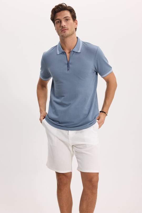 Erkek Slim Fit Dar Kesim %100 Pamuk Kısa Kollu Füme Polo Yaka Tişört