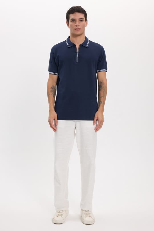 Erkek Slim Fit Dar Kesim %100 Pamuk Kısa Kollu Fermuarlı Lacivert Polo Yaka Tişört