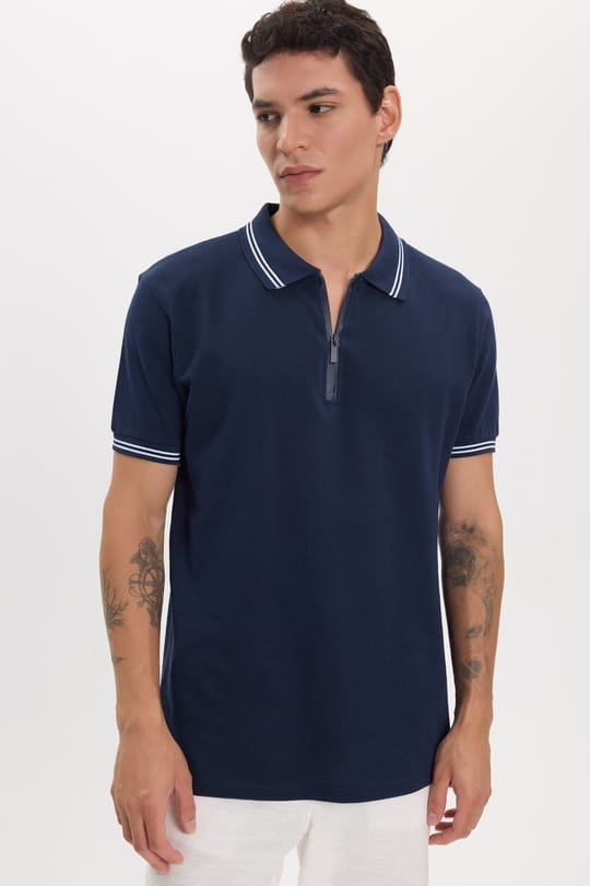 Erkek Slim Fit Dar Kesim %100 Pamuk Kısa Kollu Fermuarlı Lacivert Polo Yaka Tişört