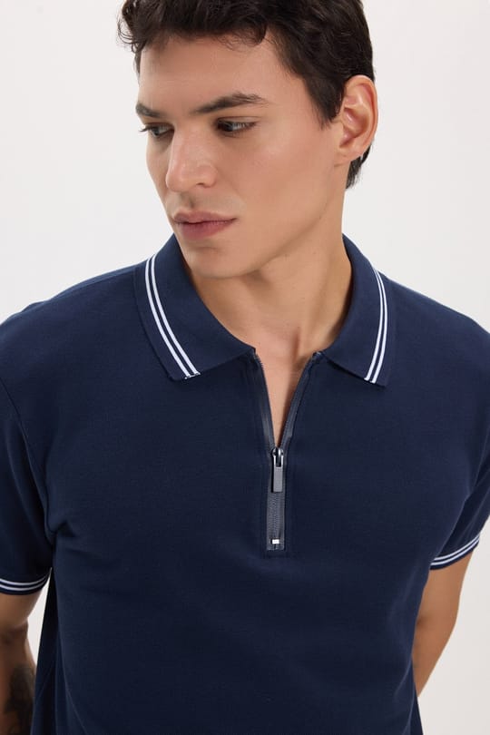 Erkek Slim Fit Dar Kesim %100 Pamuk Kısa Kollu Fermuarlı Lacivert Polo Yaka Tişört