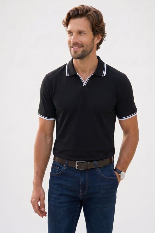 Erkek Slim Fit Dar Kesim %100 Pamuklu Çizgili Detaylı V Yaka Siyah Polo Yaka Tişört