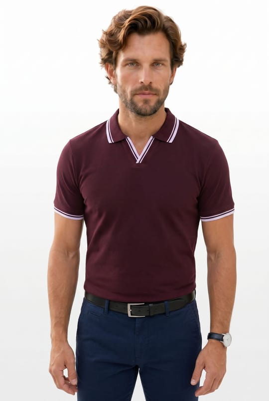 Erkek Slim Fit Dar Kesim %100 Pamuklu Çizgili Detaylı V Yaka Bordo Polo Yaka Tişört