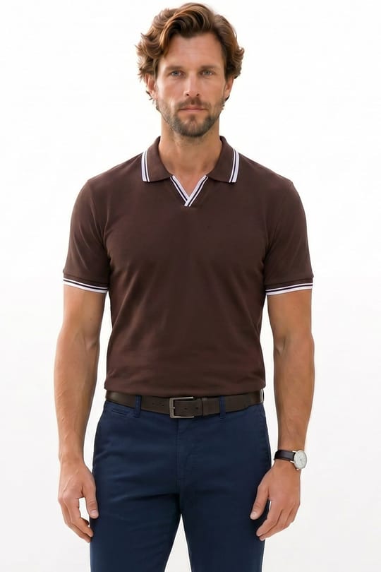 Erkek Slim Fit Dar Kesim %100 Pamuklu Çizgili Detaylı V Yaka Kahverengi  Polo Yaka Tişört
