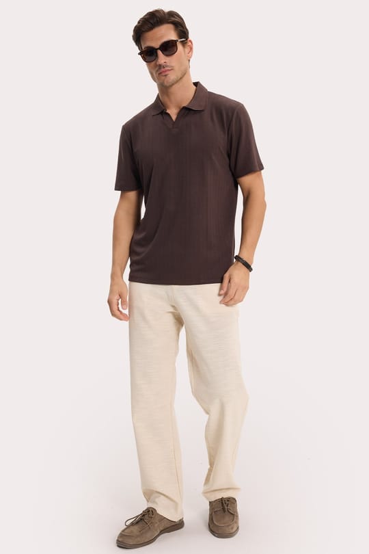 Erkek Slim Fit Dar Kesim Pamuklu Kısa Kollu Çizgili Kahverengi Polo V Yaka Tişört