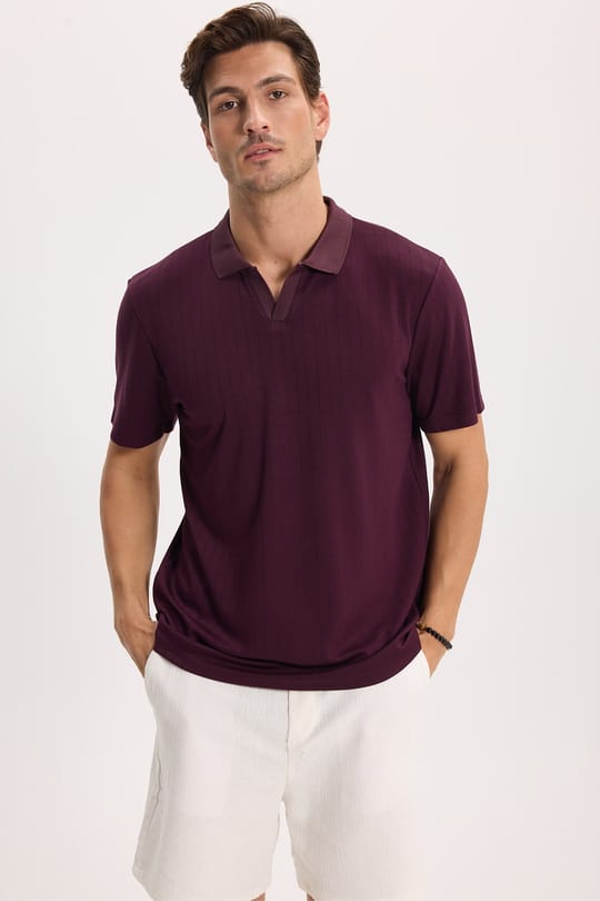 Erkek Slim Fit Dar Kesim Pamuklu Kısa Kollu Çizgili Bordo Polo V Yaka Tişört
