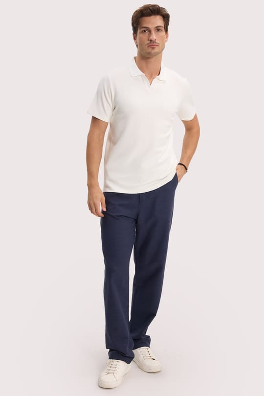 Erkek Slim Fit Dar Kesim Pamuklu Kısa Kollu Çizgili Ekru Polo V Yaka Tişört