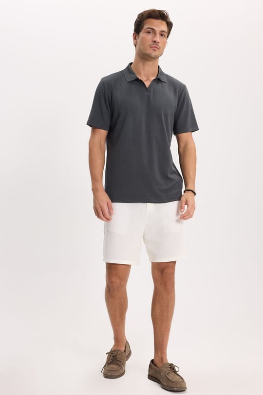 Erkek Slim Fit Dar Kesim Pamuklu Kısa Kollu Çizgili Antrasit Polo V Yaka Tişört