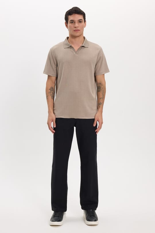 Erkek Slim Fit Dar Kesim Pamuklu Kısa Kollu Çizgili Vizon Polo V Yaka Tişört