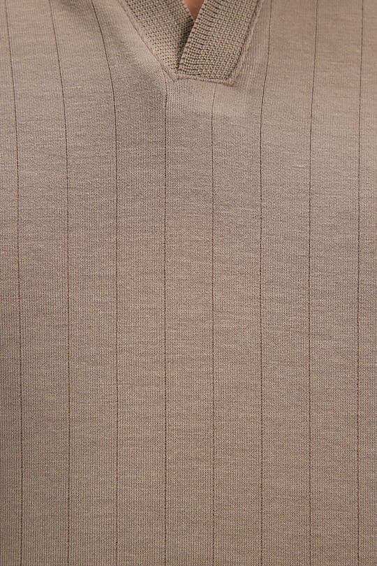 Erkek Slim Fit Dar Kesim Pamuklu Kısa Kollu Çizgili Vizon Polo V Yaka Tişört