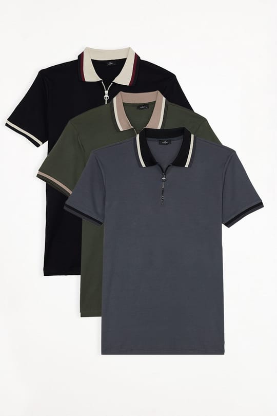 Erkek Slim Fit Dar Kesim %100 Pamuk 3lü Paket Haki-Gri-Siyah Fermuarlı Polo Yaka Pike Tişört
