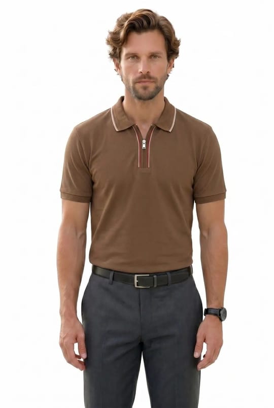Erkek 3lü Paket Kahverengi-Lacivert-Yeşil Slim Fit %100 Pamuk Yarım Fermuarlı Polo Yaka Tişört