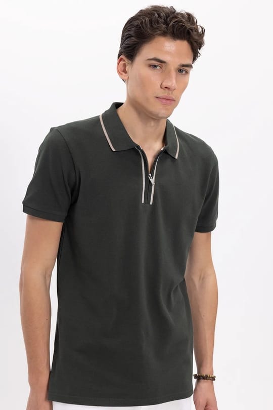 Erkek 3lü Paket Kahverengi-Lacivert-Yeşil Slim Fit %100 Pamuk Yarım Fermuarlı Polo Yaka Tişört