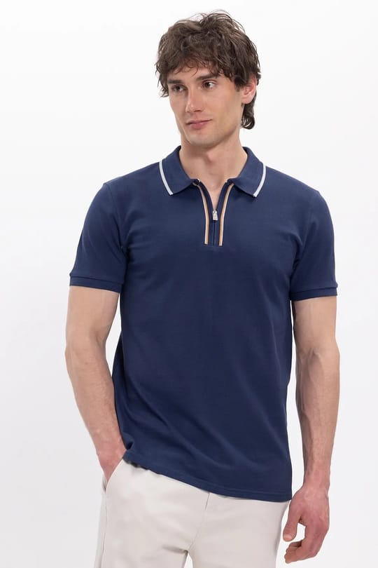 Erkek 3lü Paket Kahverengi-Lacivert-Yeşil Slim Fit %100 Pamuk Yarım Fermuarlı Polo Yaka Tişört