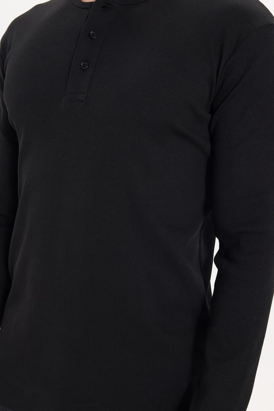 Erkek Standart Fit Normal Kesim Uzun Kollu Pamuklu Siyah Düğmeli Henley Yaka Sweatshirt