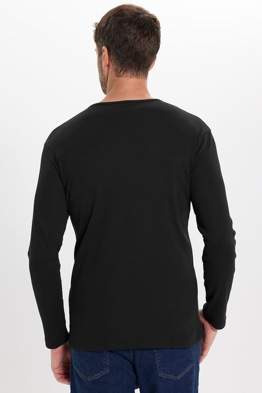 Erkek Standart Fit Normal Kesim Uzun Kollu Pamuklu Siyah Düğmeli Henley Yaka Sweatshirt