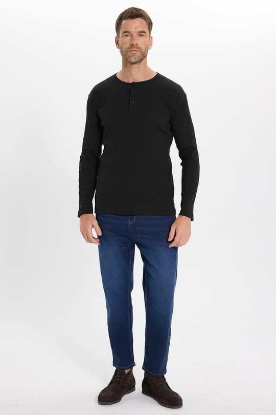 Erkek Standart Fit Normal Kesim Uzun Kollu Pamuklu Siyah Düğmeli Henley Yaka Sweatshirt