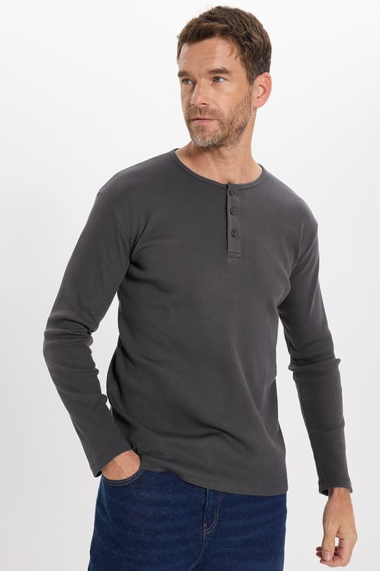 Erkek Standart Fit Normal Kesim Uzun Kollu Pamuklu Gri Düğmeli Henley Yaka Sweatshirt
