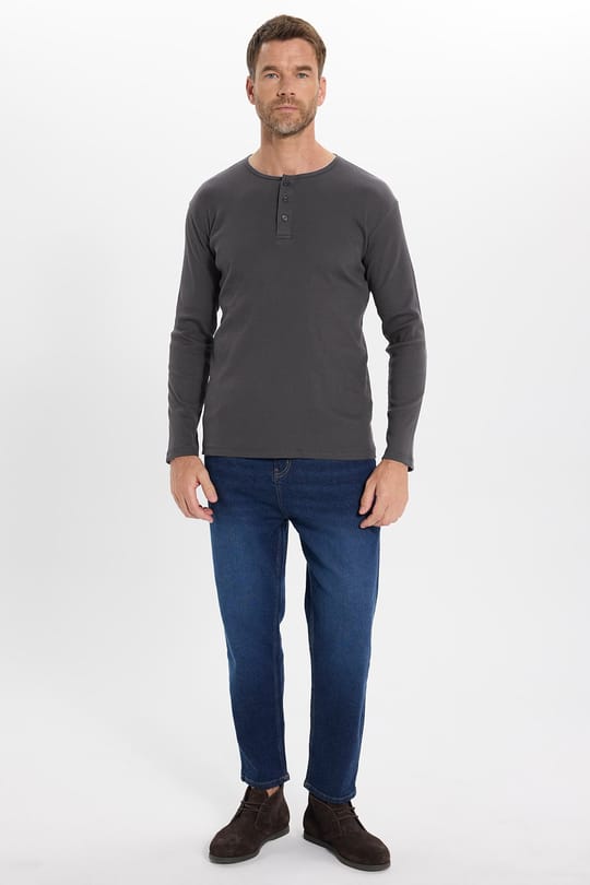 Erkek Standart Fit Normal Kesim Uzun Kollu Pamuklu Gri Düğmeli Henley Yaka Sweatshirt
