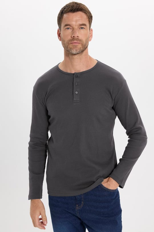 Erkek Standart Fit Normal Kesim Uzun Kollu Pamuklu Gri Düğmeli Henley Yaka Sweatshirt