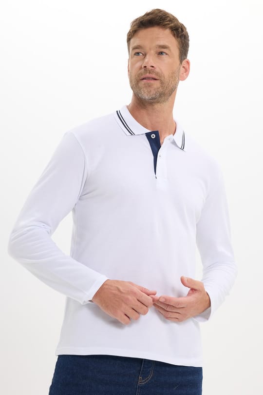 Erkek Slim Fit Dar Kesim %100 Pamuk Uzun Kollu Beyaz Polo Yaka Tişört