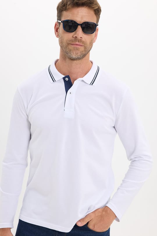 Erkek Slim Fit Dar Kesim %100 Pamuk Uzun Kollu Beyaz Polo Yaka Tişört