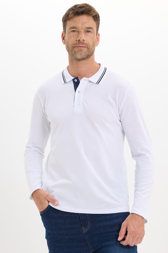 Erkek Slim Fit Dar Kesim %100 Pamuk Uzun Kollu Beyaz Polo Yaka Tişört