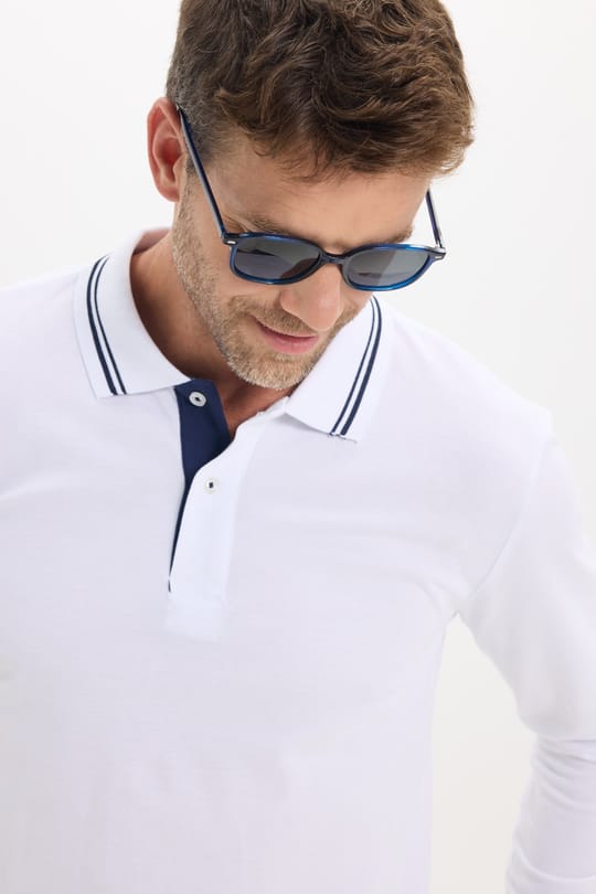 Erkek Slim Fit Dar Kesim %100 Pamuk Uzun Kollu Beyaz Polo Yaka Tişört