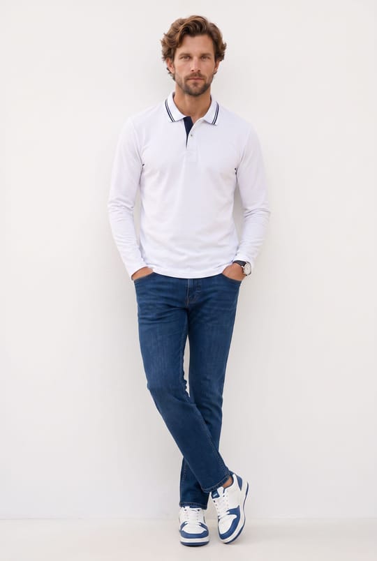 Erkek Slim Fit Dar Kesim %100 Pamuk Uzun Kollu Beyaz Polo Yaka Tişört