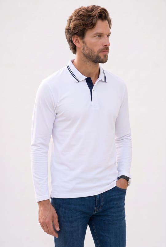 Erkek Slim Fit Dar Kesim %100 Pamuk Uzun Kollu Beyaz Polo Yaka Tişört