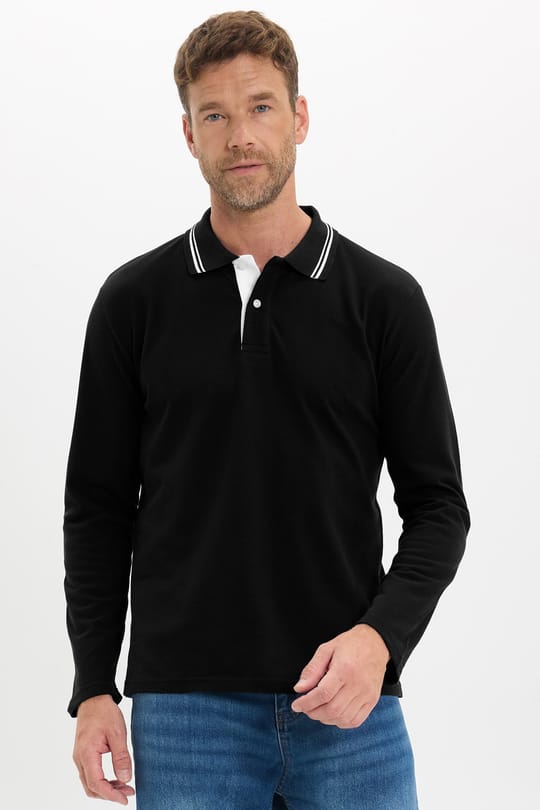 Erkek Slim Fit Dar Kesim %100 Pamuk Uzun Kollu Siyah Polo Yaka Tişört