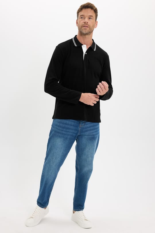 Erkek Slim Fit Dar Kesim %100 Pamuk Uzun Kollu Siyah Polo Yaka Tişört