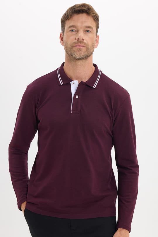 Erkek Slim Fit Dar Kesim %100 Pamuk Uzun Kollu Bordo Polo Yaka Tişört