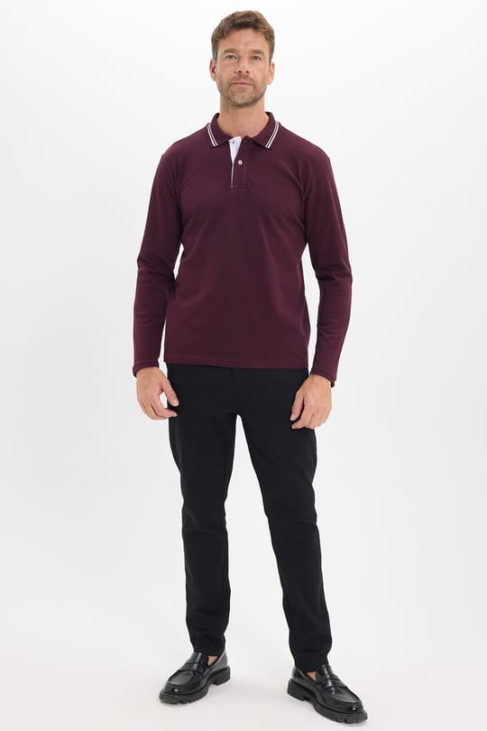 Erkek Slim Fit Dar Kesim %100 Pamuk Uzun Kollu Bordo Polo Yaka Tişört