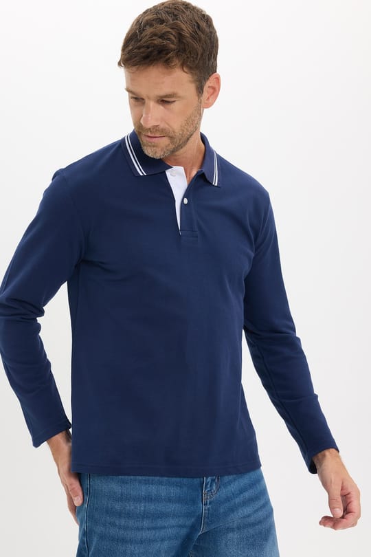 Erkek Slim Fit Dar Kesim %100 Pamuk Uzun Kollu Lacivert Polo Yaka Tişört