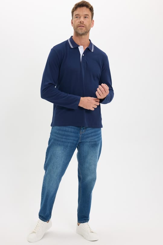 Erkek Slim Fit Dar Kesim %100 Pamuk Uzun Kollu Lacivert Polo Yaka Tişört