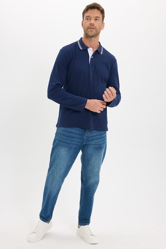 Erkek Slim Fit Dar Kesim %100 Pamuk Uzun Kollu Lacivert Polo Yaka Tişört