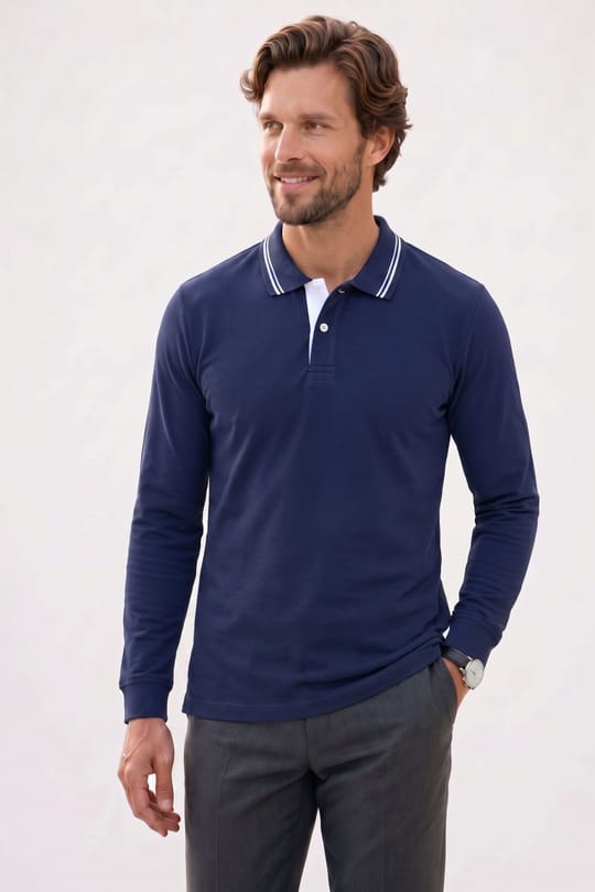 Erkek Slim Fit Dar Kesim %100 Pamuk Uzun Kollu Lacivert Polo Yaka Tişört