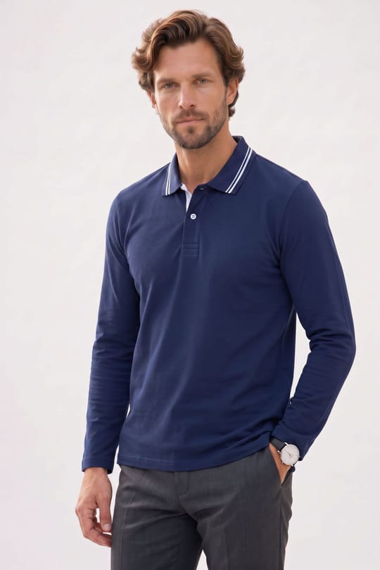 Erkek Slim Fit Dar Kesim %100 Pamuk Uzun Kollu Lacivert Polo Yaka Tişört