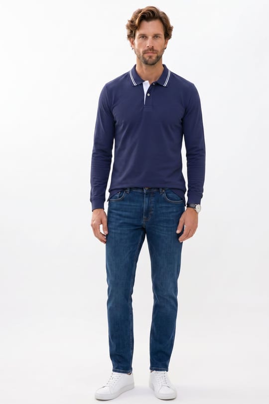 Erkek Slim Fit Dar Kesim %100 Pamuk Uzun Kollu Lacivert Polo Yaka Tişört
