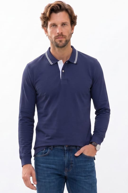 Erkek Slim Fit Dar Kesim %100 Pamuk Uzun Kollu Lacivert Polo Yaka Tişört