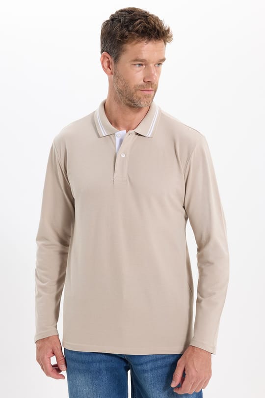 Erkek Slim Fit Dar Kesim %100 Pamuk Uzun Kollu Taş Polo Yaka Tişört