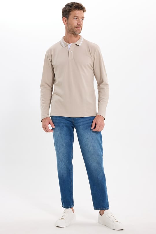 Erkek Slim Fit Dar Kesim %100 Pamuk Uzun Kollu Taş Polo Yaka Tişört