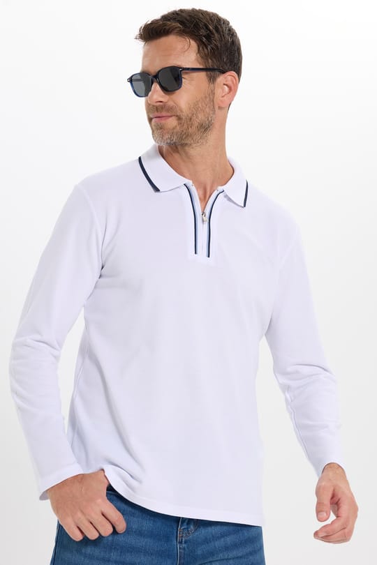 Erkek Slim Fit Dar Kesim %100 Pamuk Uzun Kollu Fermuarlı Beyaz Polo Yaka Sweatshirt